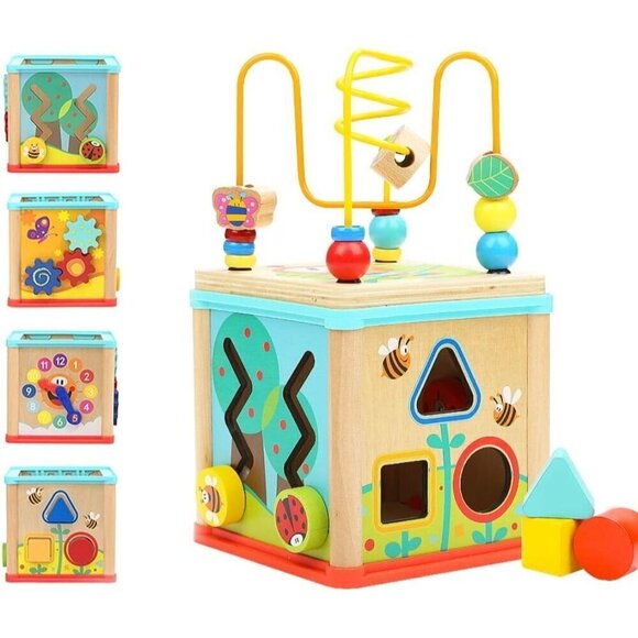 TOP BRIGHT Montessori Toys for Boy Girl Toddlers, Wooden Activity Cube toys. - Picture 1 of 7